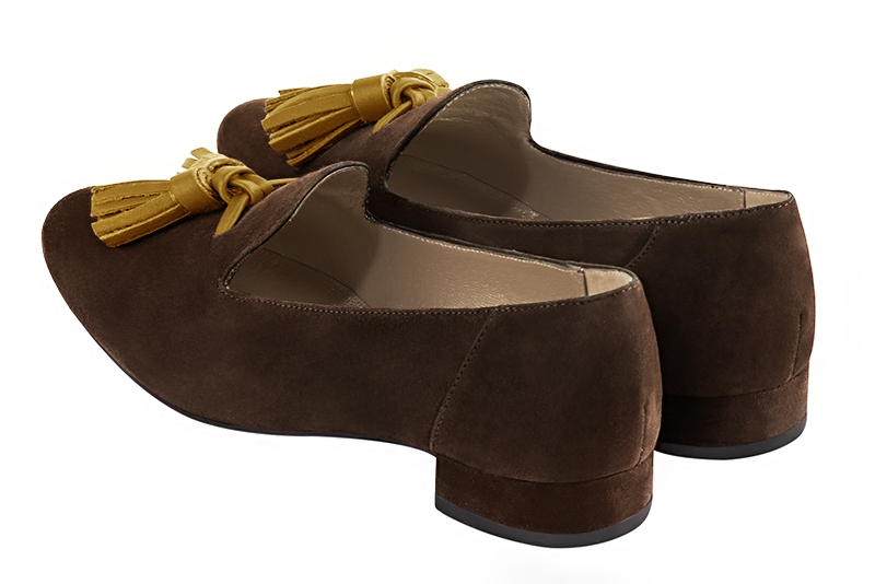Chocolate brown and mustard yellow women's loafers with pompons. Round toe. Flat block heels. Rear view - Florence KOOIJMAN
